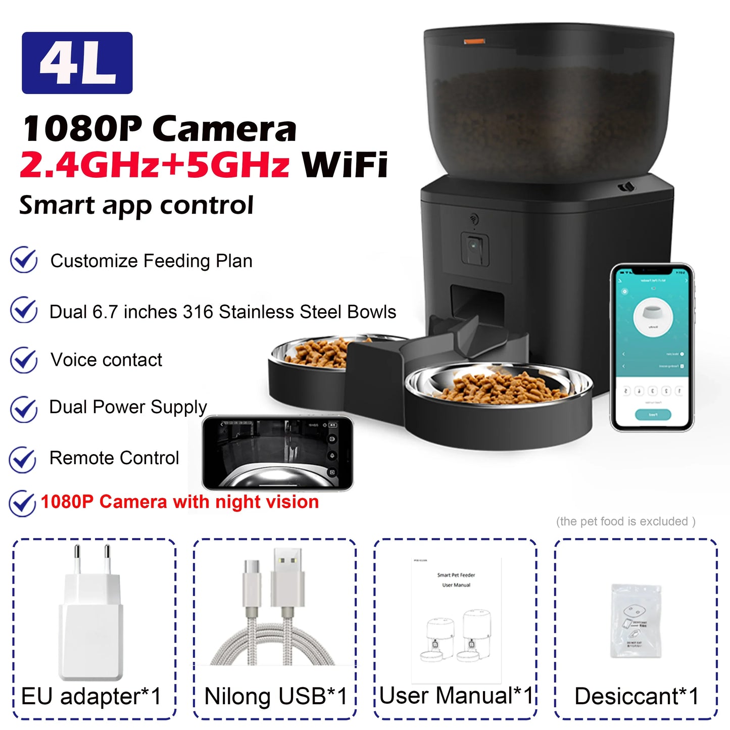 Automatic Dog Feeders with 1080P HD Camera and 5G WiFi - Tuya App Controlled Pet Food Dispenser for Cats and Dogs by