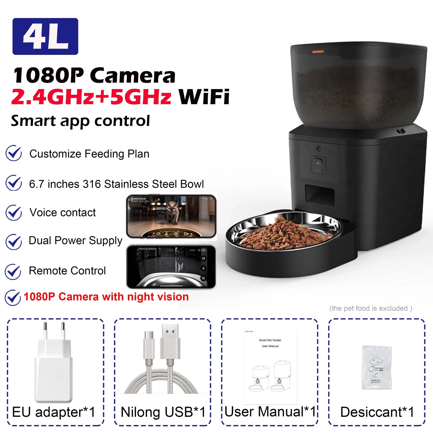 Automatic Dog Feeders with 1080P HD Camera and 5G WiFi - Tuya App Controlled Pet Food Dispenser for Cats and Dogs by