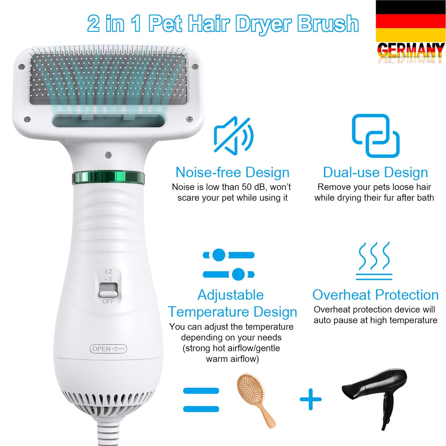 2-in-1 Portable Pet Hair Dryer & Comb Brush – Low Noise Dog & Cat Grooming Blower for Fast Drying and Styling