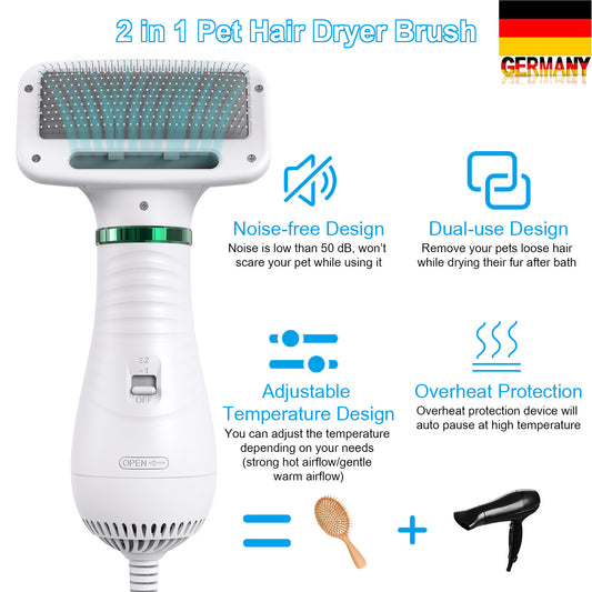 2-in-1 Portable Pet Hair Dryer & Comb Brush – Low Noise Dog & Cat Grooming Blower for Fast Drying and Styling