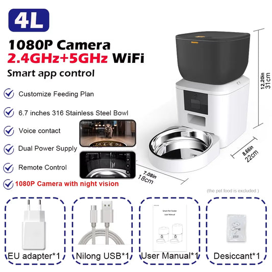 Automatic Dog Feeders with 1080P HD Camera and 5G WiFi - Tuya App Controlled Pet Food Dispenser for Cats and Dogs by