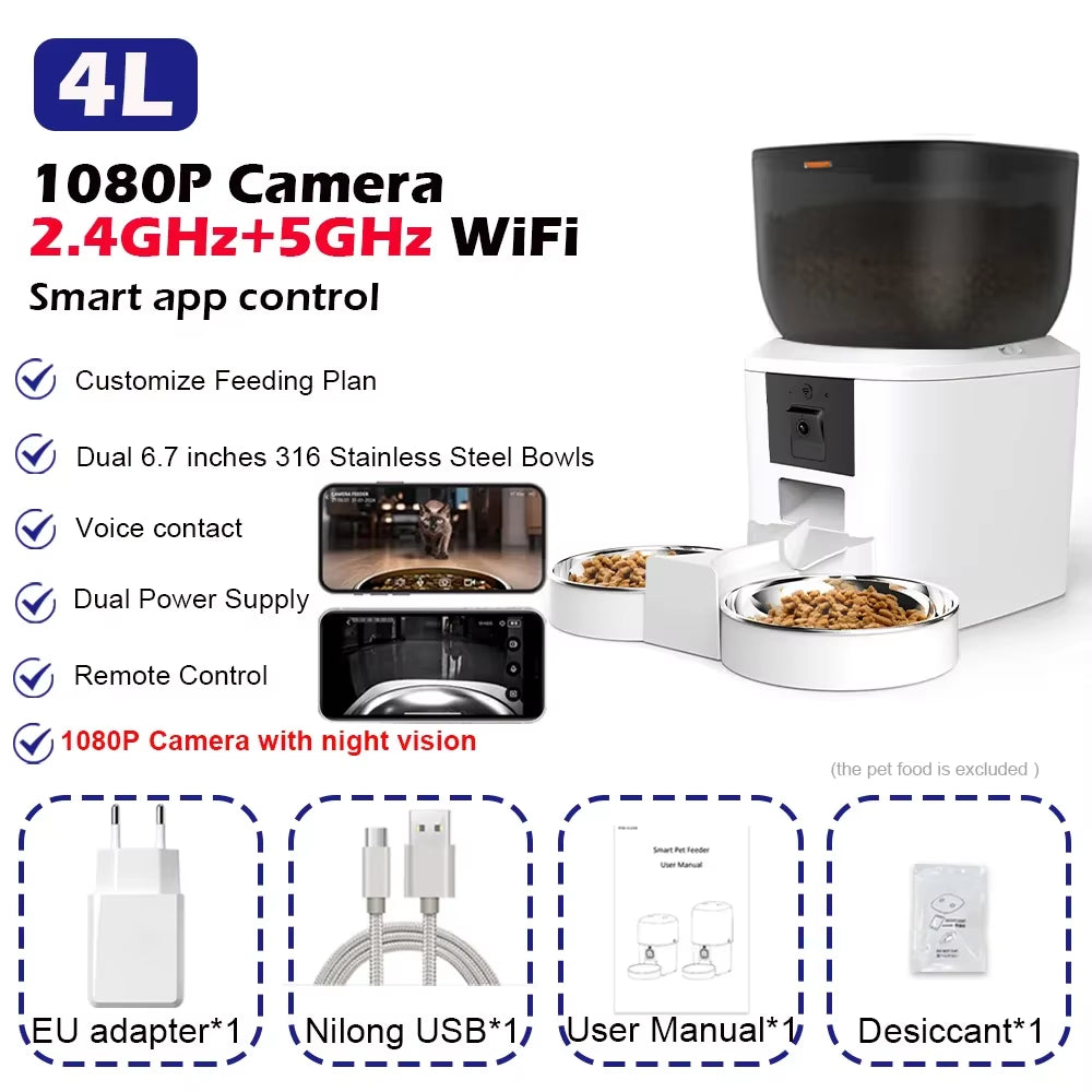 Automatic Dog Feeders with 1080P HD Camera and 5G WiFi - Tuya App Controlled Pet Food Dispenser for Cats and Dogs by