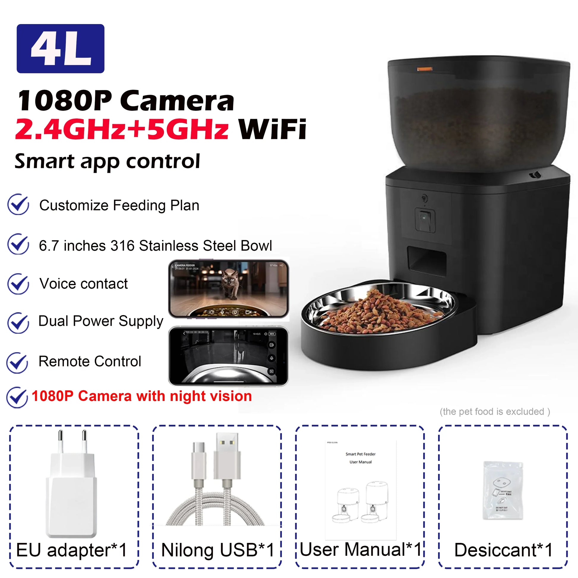 Automatic Dog Feeders with 1080P HD Camera and 5G WiFi - Tuya App Controlled Pet Food Dispenser for Cats and Dogs by