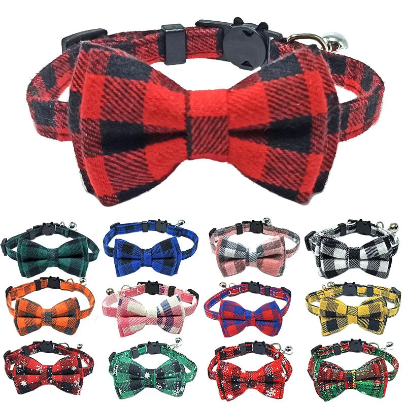 Plaid Christmas Breakaway Cat Collar with Bow Tie & Bell – Adjustable Holiday Pet Collar for Cats & Small Dogs